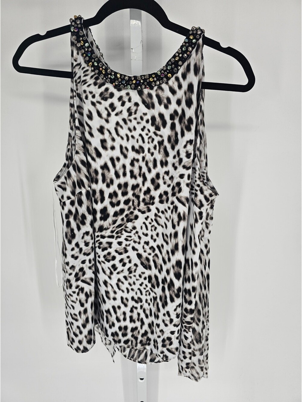 Jennifer Lopez Womens Sz L Sleeveless Blouse Leopard Print Rhinestone Collar